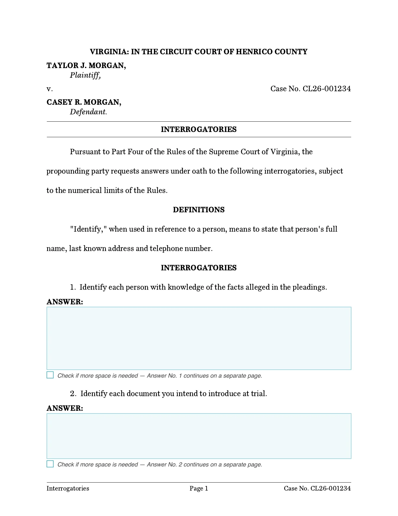 Interrogatories as a fillable PDF: a typing area under each ANSWER marker and a check box noting that the answer continues on a separate page.