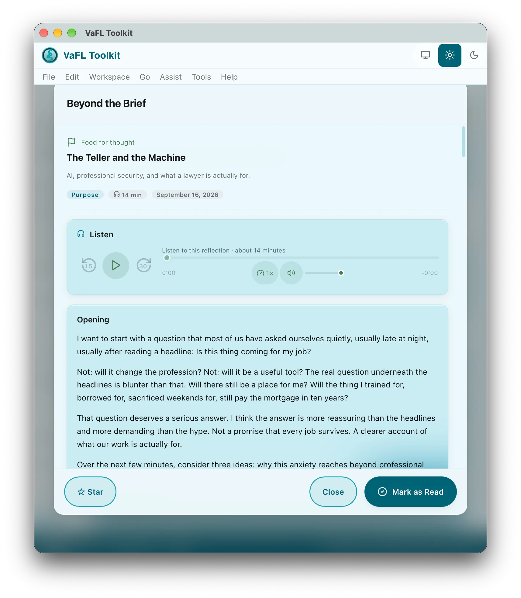 A reflection open in VaFL Toolkit: The Teller and the Machine, with a Listen player, the opening text, and Star, Close and Mark as Read buttons.