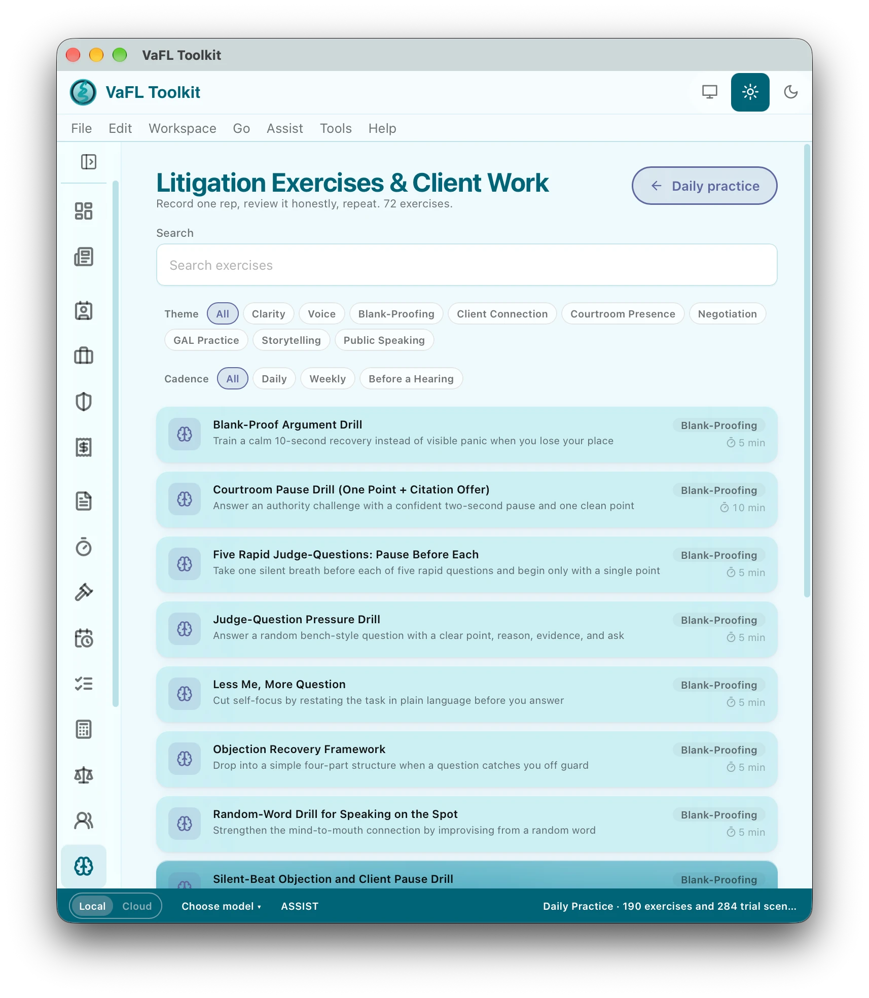 Litigation Exercises and Client Work in VaFL Toolkit: a search box, theme and cadence filters, and a list of exercises such as the Blank-Proof Argument Drill with their themes and minutes.