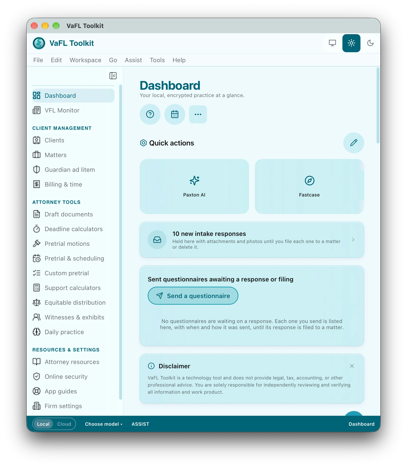 The VaFL Toolkit dashboard on macOS: a sidebar for clients, matters, guardian ad litem work, billing, drafting, deadline and support calculators, pretrial and trial tools, beside quick actions, new intake responses and sent questionnaires.